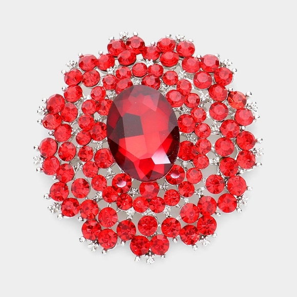 Gold Red Oval Brooch Crystal Pin Stone Circle Style Rhinestones Bling Accessory - Picture 1 of 2